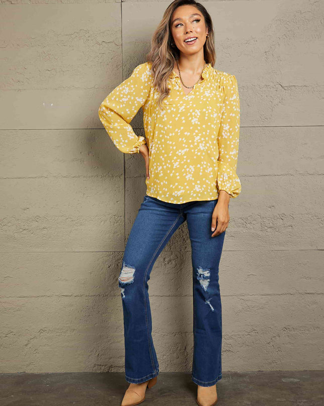 Double Take Printed Notched Neck Smocked Blouse