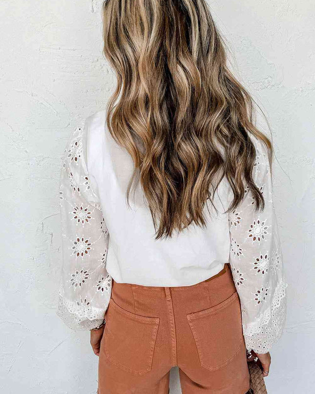 V-Neck Openwork Long Sleeve Blouse