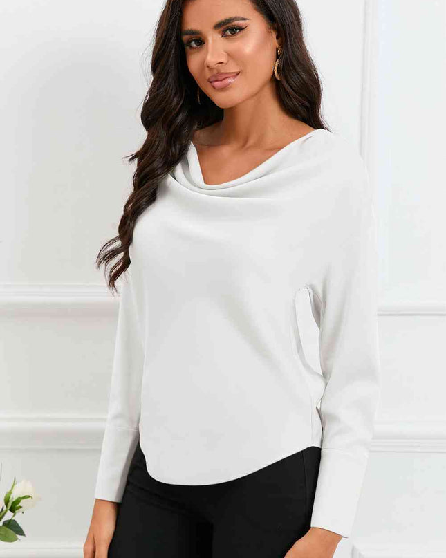 Cowl Neck Dropped Shoulder Long Sleeve Back Tie Blouse