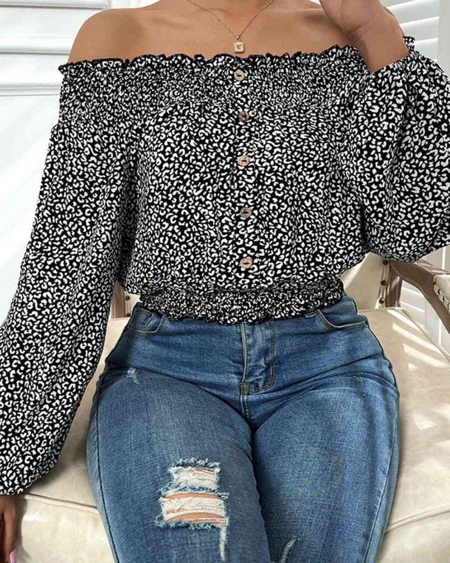 Leopard Print Frill Trim Off-Shoulder Top