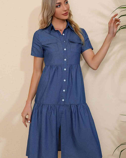 Short Sleeve Collared Button Down Denim Dress