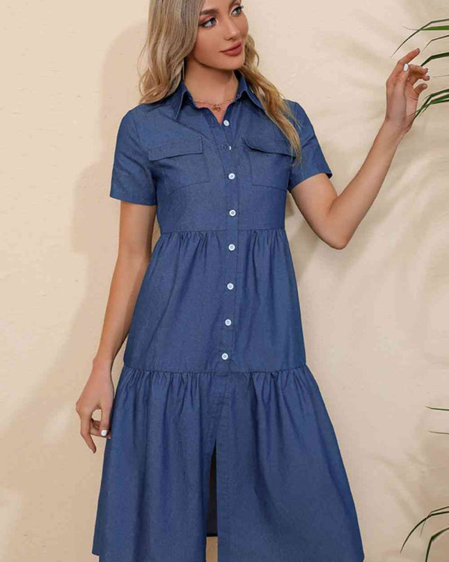 Short Sleeve Collared Button Down Denim Dress