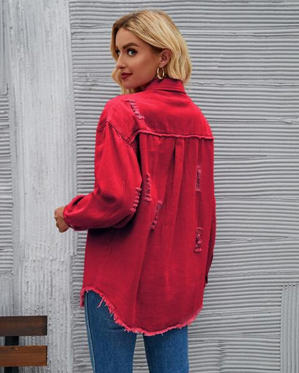 Distressed Raw Hem Denim Jacket