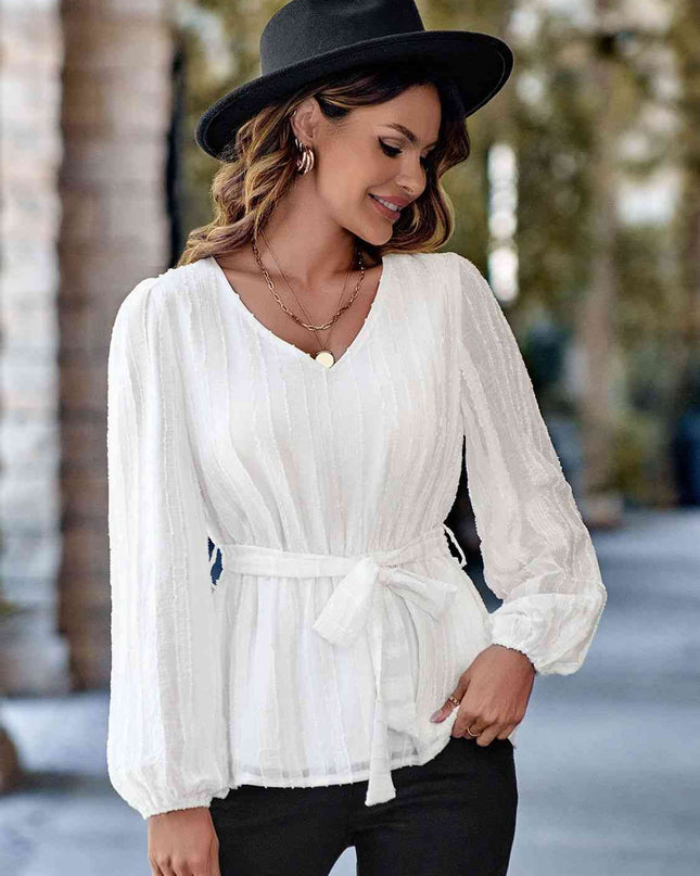 V-Neck Tie Waist Long Sleeve Blouse