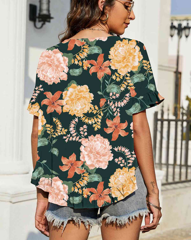 Floral Ruffled Flounce Sleeve Blouse