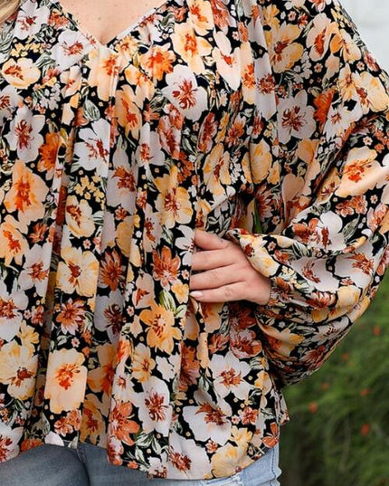 Plus Size Floral V-Neck Balloon Sleeve Blouse