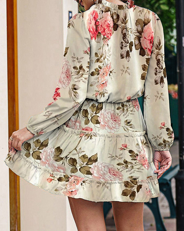 Printed Tie Neck Long Sleeve Dress