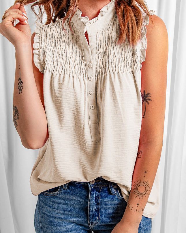 Buttoned Frill Trim Smocked Sleeveless Blouse