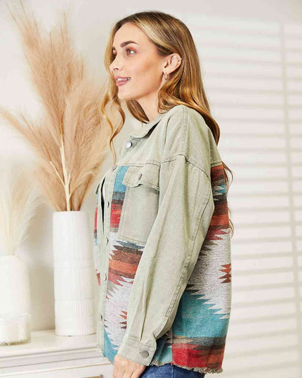 Dropped Shoulder Long Sleeve Printed Denim Jacket