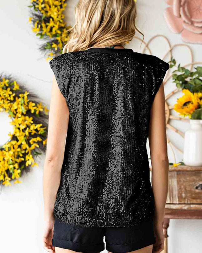 Sequin Round Neck Capped Sleeve Tank
