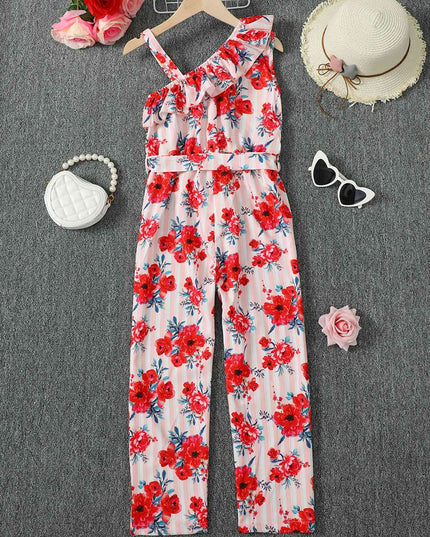 Floral Asymmetrical Neck Tie Belt Jumpsuit