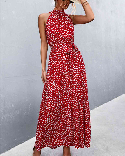 Printed Sleeveless Tie Waist Maxi Dress