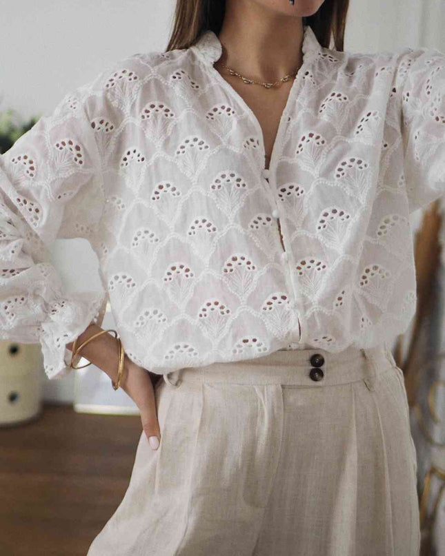 Eyelet Notched Neck Flounce Sleeve Blouse