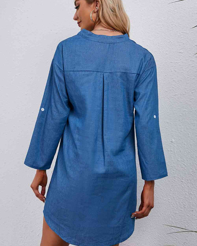 Half-Button Notched Neck High-Low Denim Dress
