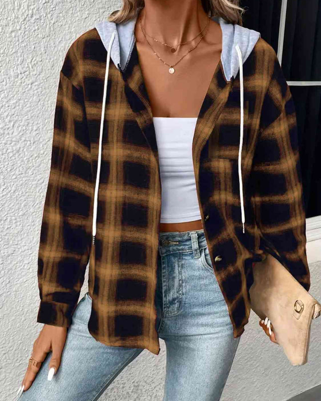 Plaid Drawstring Button Up Hooded Jacket