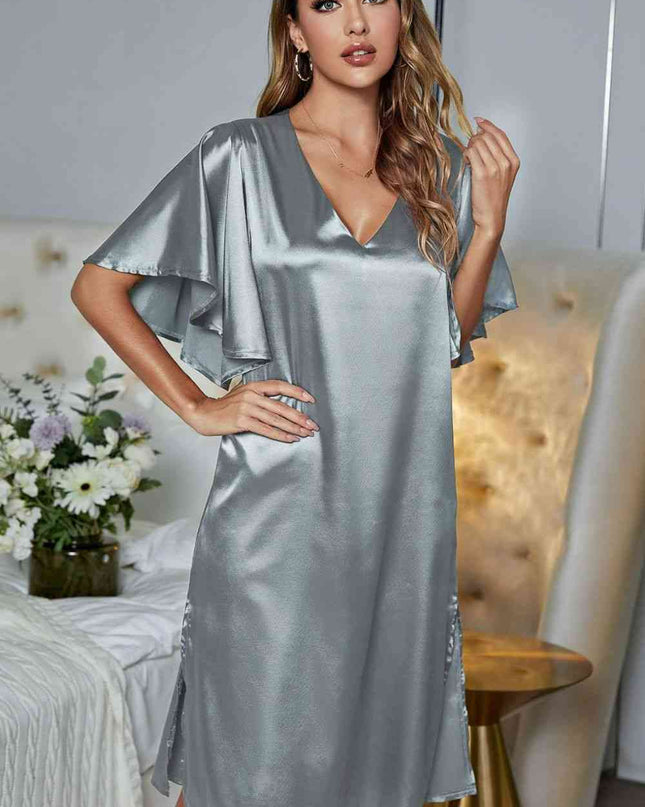 Satin Flutter Sleeve Side Slit V-Neck Night Dress