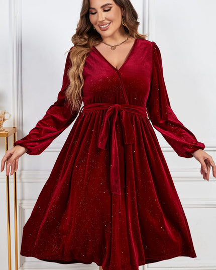 Melo Apparel Plus Size Surplice Neck Balloon Sleeve Tie Belt Midi Dress
