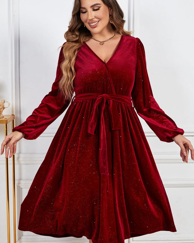 Melo Apparel Plus Size Surplice Neck Balloon Sleeve Tie Belt Midi Dress