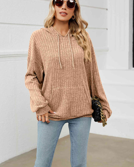 Drawstring Dropped Shoulder Ribbed Hoodie