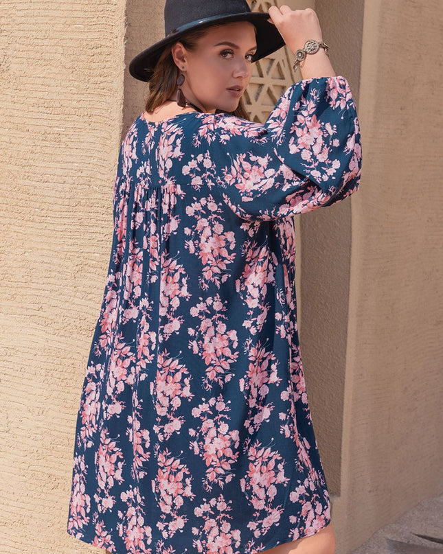 Plus Size Printed V-Neck Long Sleeve Mini Dress