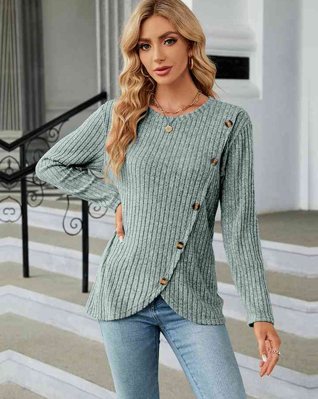 Round Neck Ribbed Button Detail Blouse