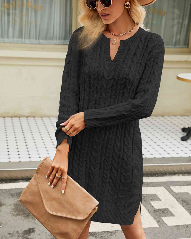 Notched Neck Cable-Knit Slit Sweater Dress