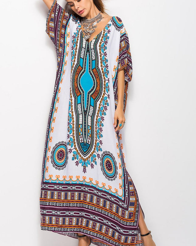 Printed V-Neck Side Slit Maxi Dress