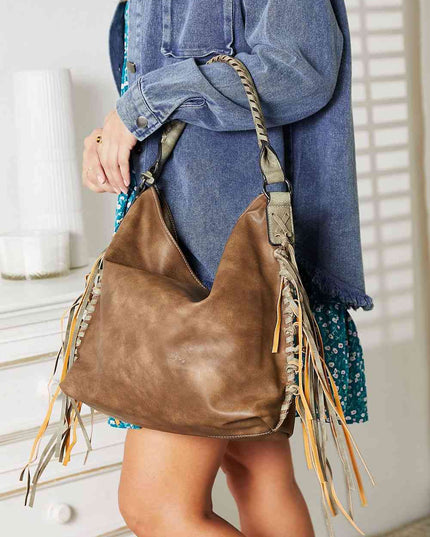 SHOMICO PU Leather Fringe Detail Shoulder Bag