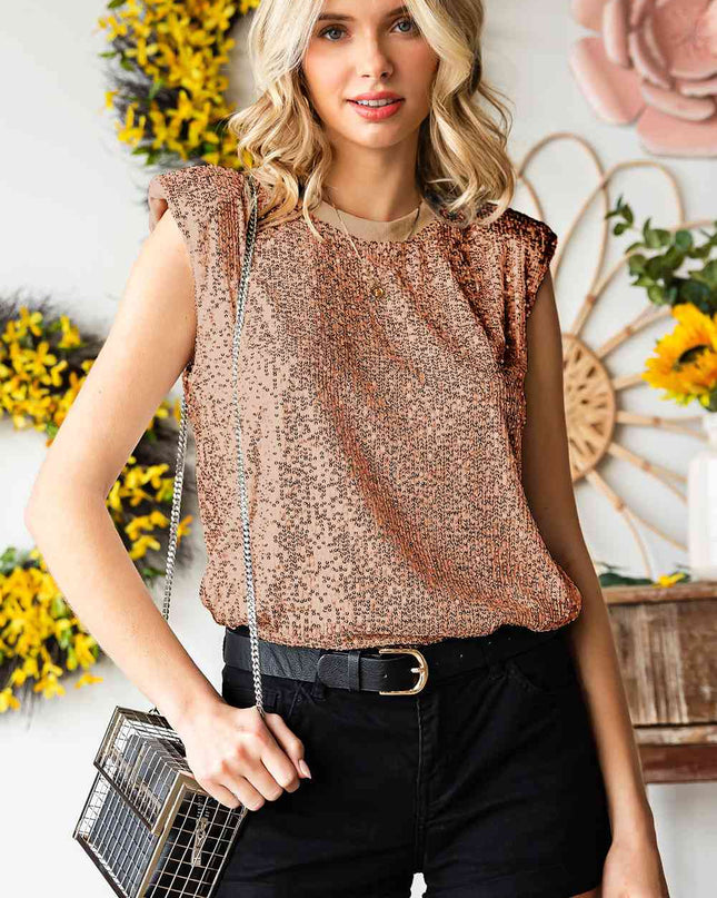 Sequin Round Neck Capped Sleeve Tank