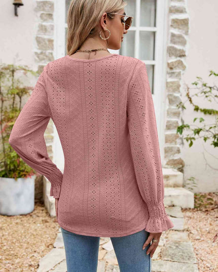 Eyelet Flounce Sleeve V-Neck Blouse