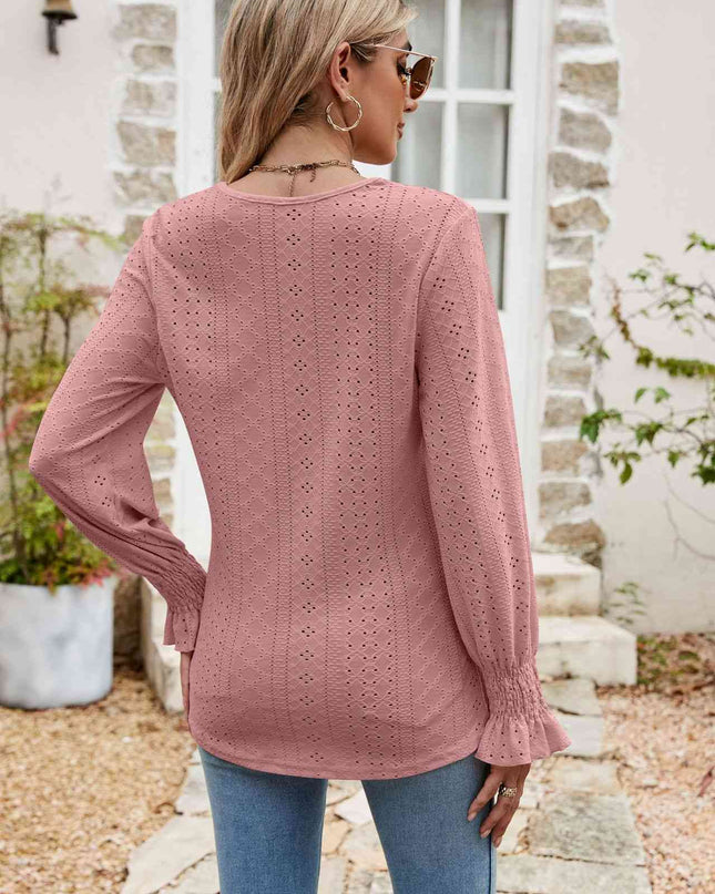 Eyelet Flounce Sleeve V-Neck Blouse