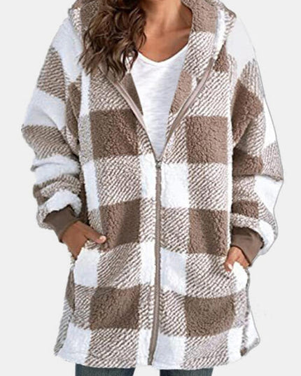 Plaid Zip Up Hooded Jacket with Pockets