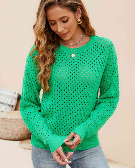 Round Neck Openwork Dropped Shoulder Knit Top