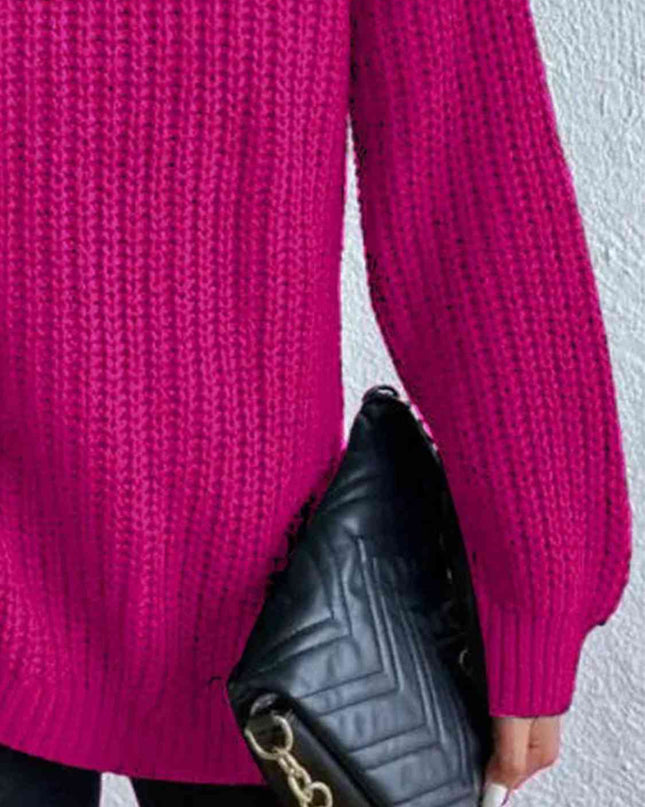 Full Size Turtleneck Rib-Knit Slit Sweater