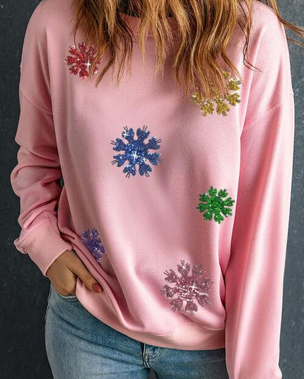 Sequin Snowflake Round Neck Sweatshirt