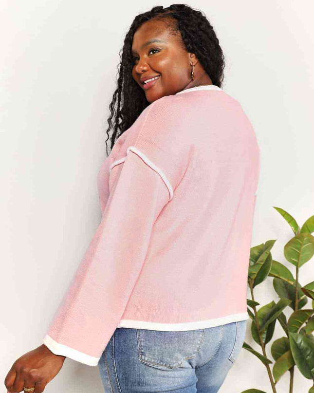 Double Take Contrast Detail Dropped Shoulder Knit Top