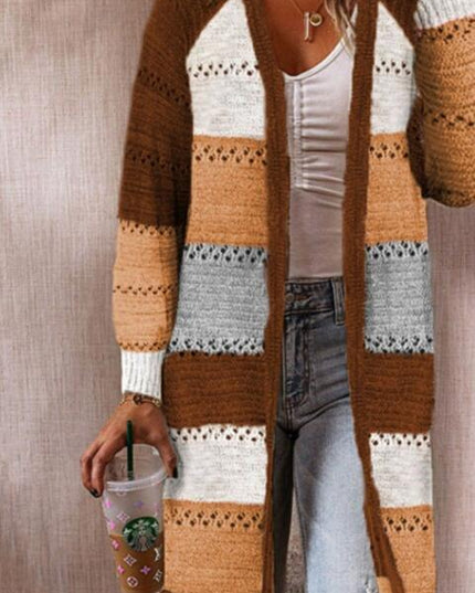 Color Block Open Front Openwork Cardigan