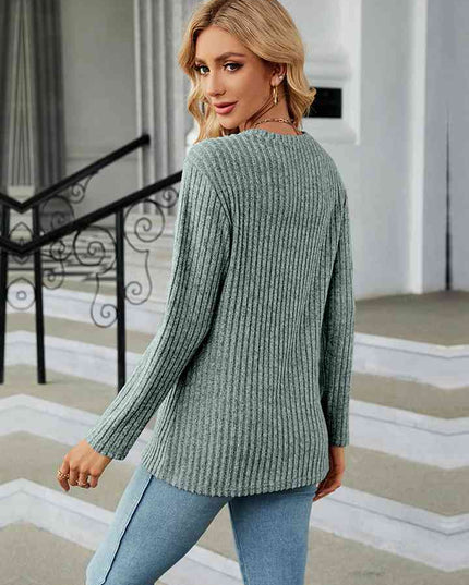 Round Neck Ribbed Button Detail Blouse