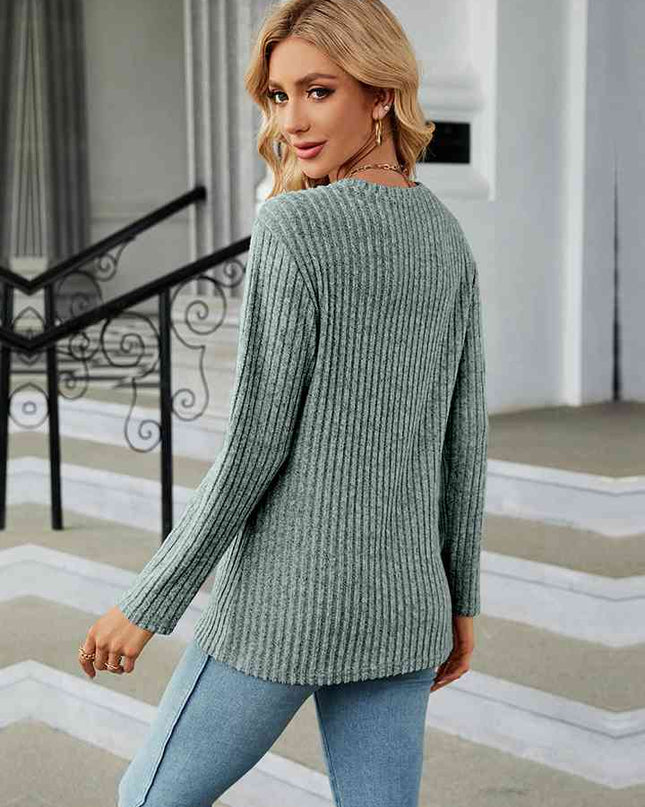 Round Neck Ribbed Button Detail Blouse