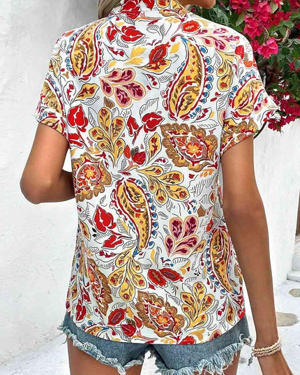 Printed Notched Neck Short Sleeve Blouse