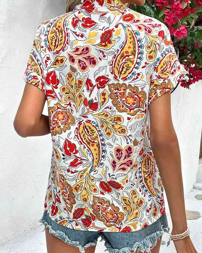 Printed Notched Neck Short Sleeve Blouse