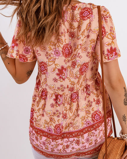 Bohemian Buttoned Short Puff Sleeve Blouse