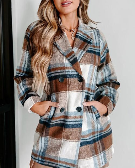 Plaid Double-Breasted Long Sleeve Coat