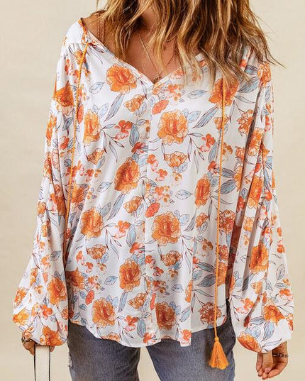 Floral Tie Neck Balloon Sleeve Blouse