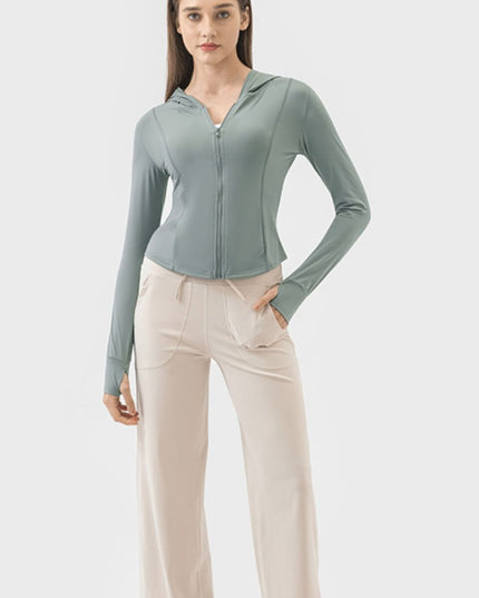 Pocketed Zip Up Hooded Long Sleeve Active Outerwear