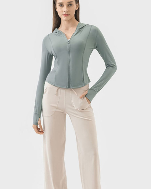 Pocketed Zip Up Hooded Long Sleeve Active Outerwear