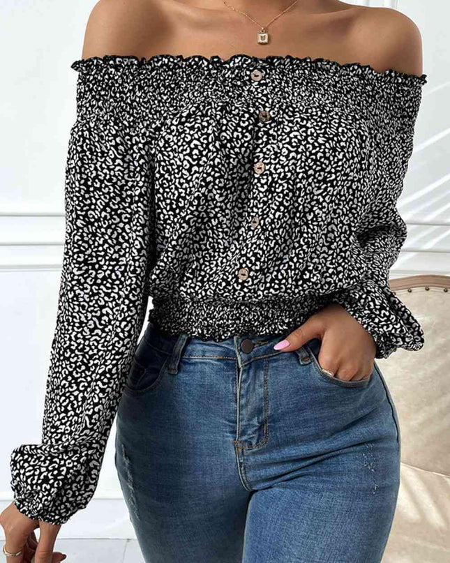 Leopard Print Frill Trim Off-Shoulder Top