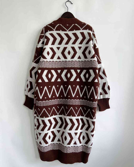 Geometric Button Front Longline Cardigan