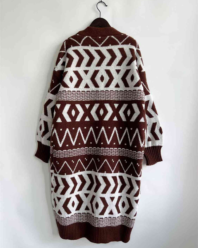 Geometric Button Front Longline Cardigan