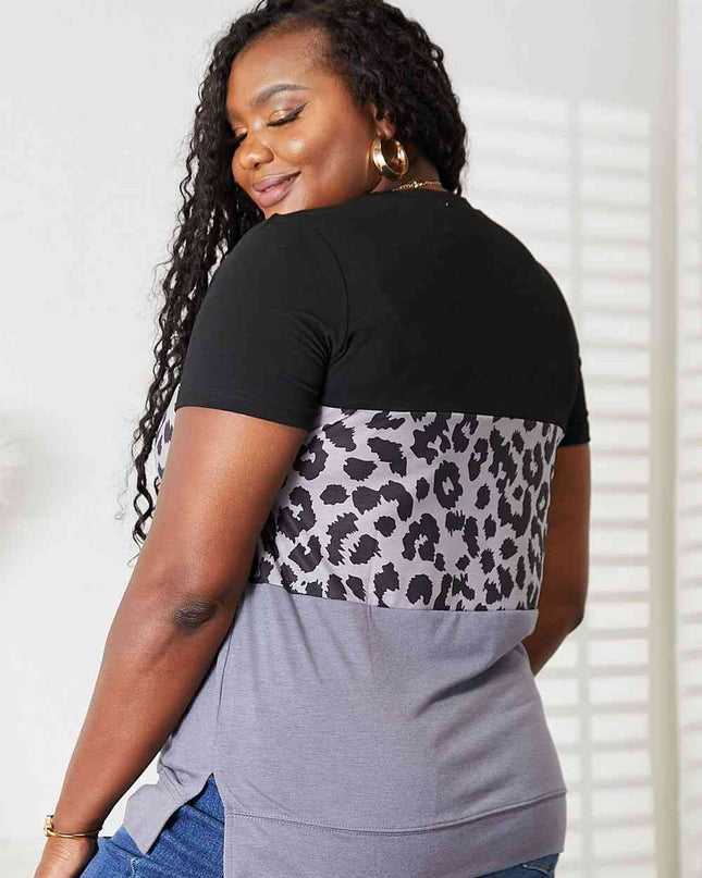 Double Take Leopard Print Color Block Short Sleeve T-Shirt